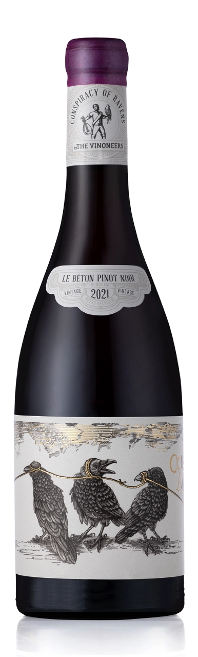 Conspiracy of Ravens Pinot Noir wine bottle and label with artistic design