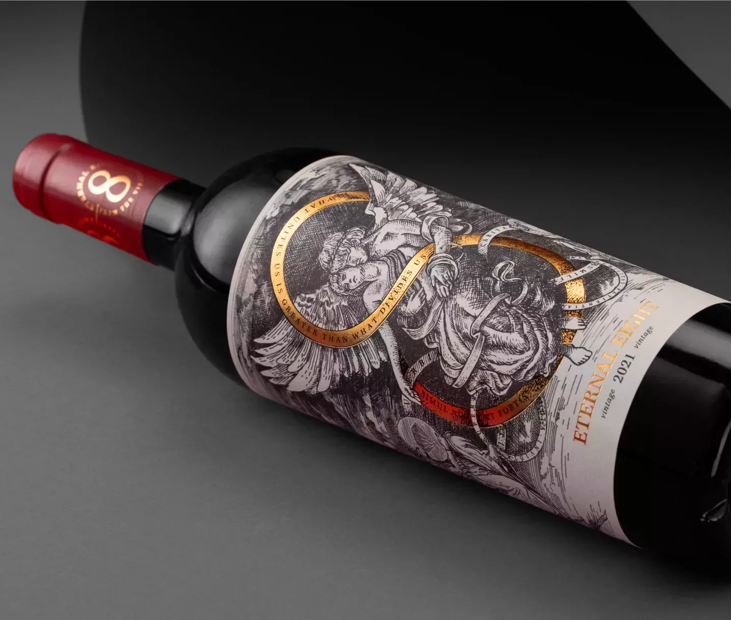 Richly coloured close-up of eternal eight wine bottle and label