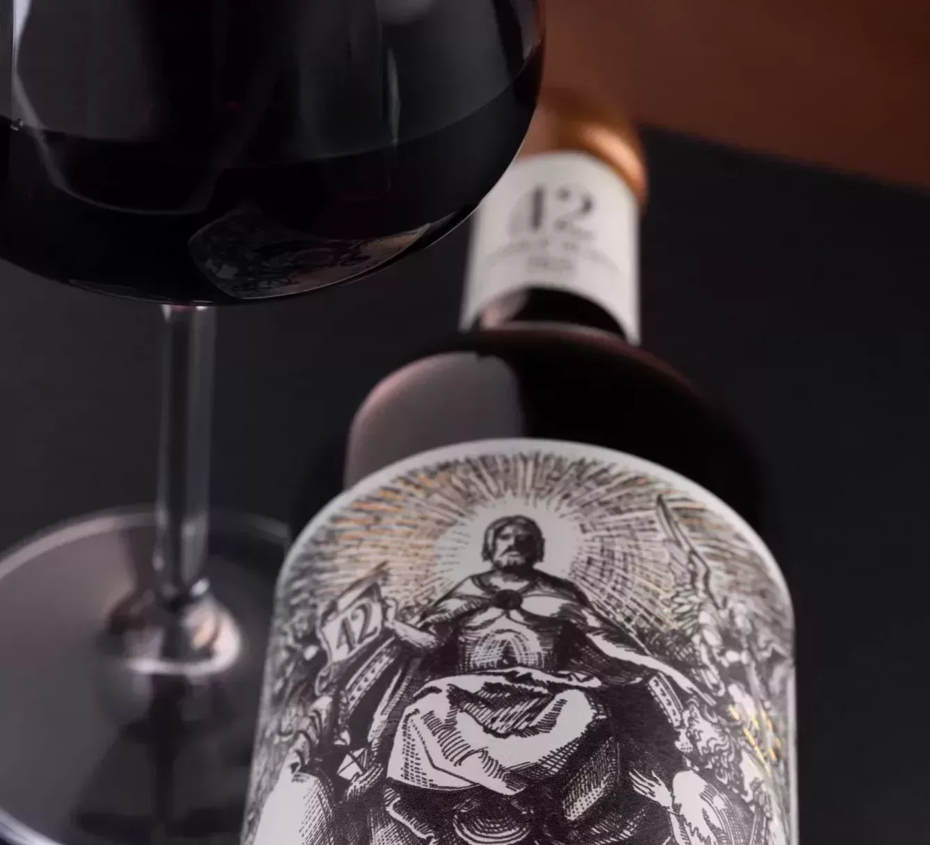 Richly coloured close-up of No. 42 Cape Blend wine bottle and label