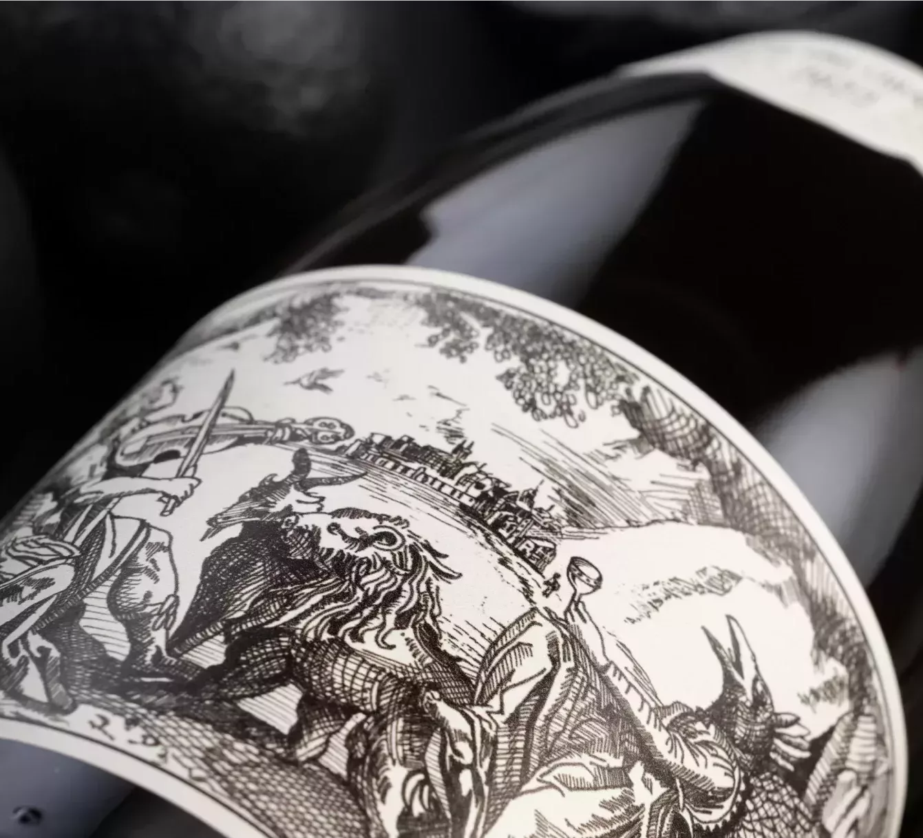 Black and white close-up of wine bottle and label