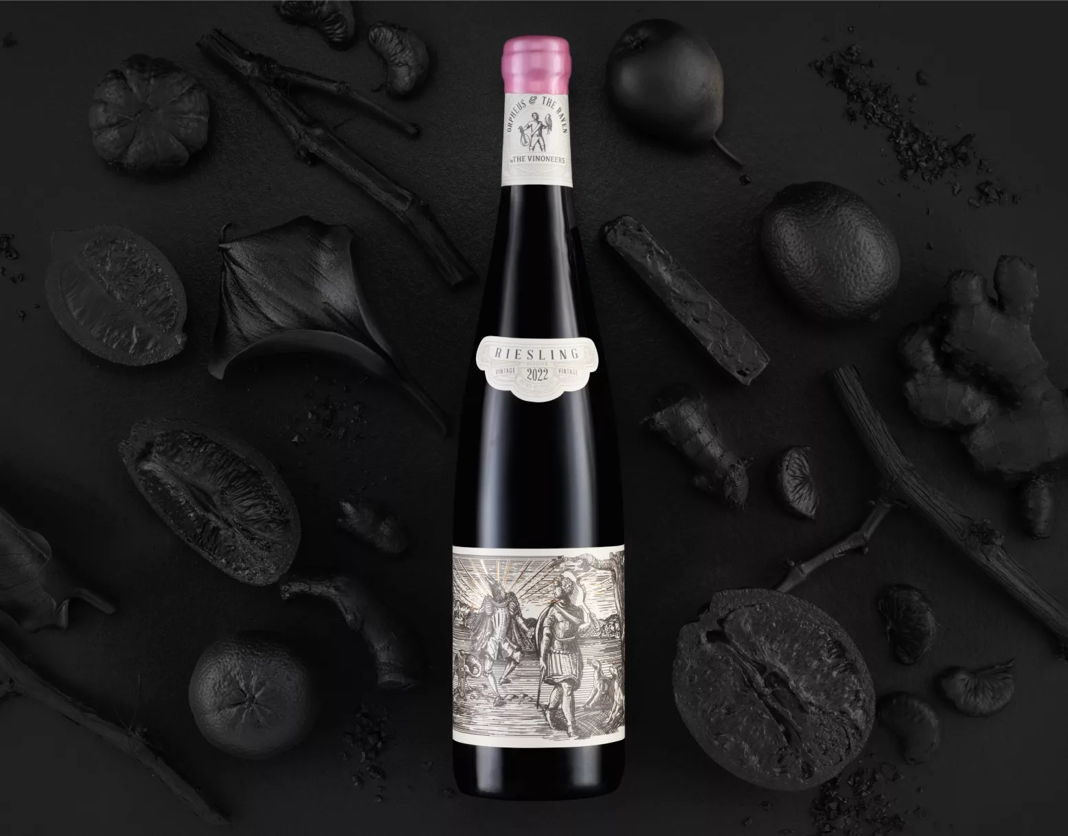 The Swansong Riesling wine bottle with label showing darkened fruits and citrus elements
