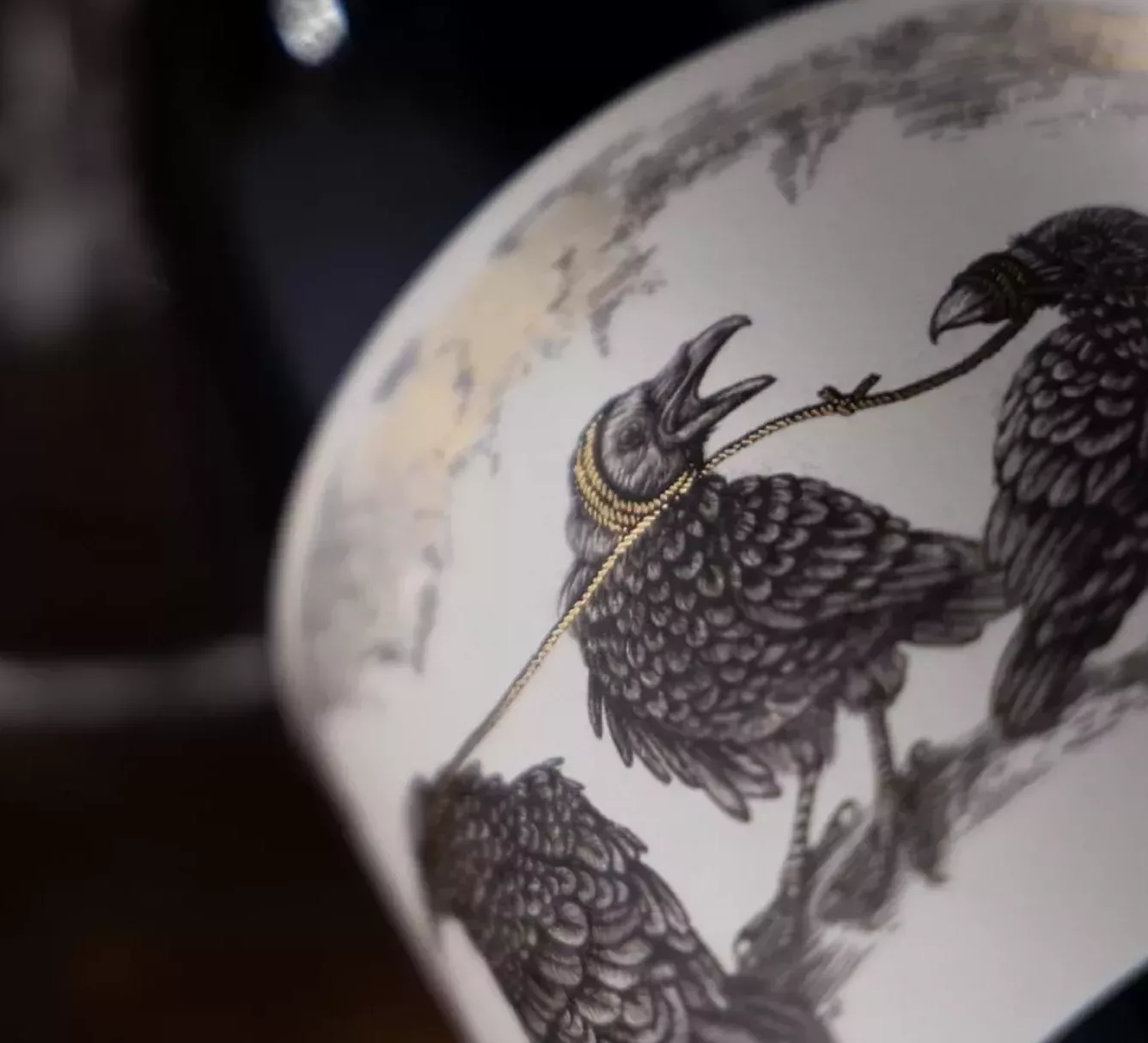 Close-up of Conspiracy of Ravens wine label with raven bound by string around eyes, mouth, and neck — ‘See no evil, hear no evil, speak no evil’ theme