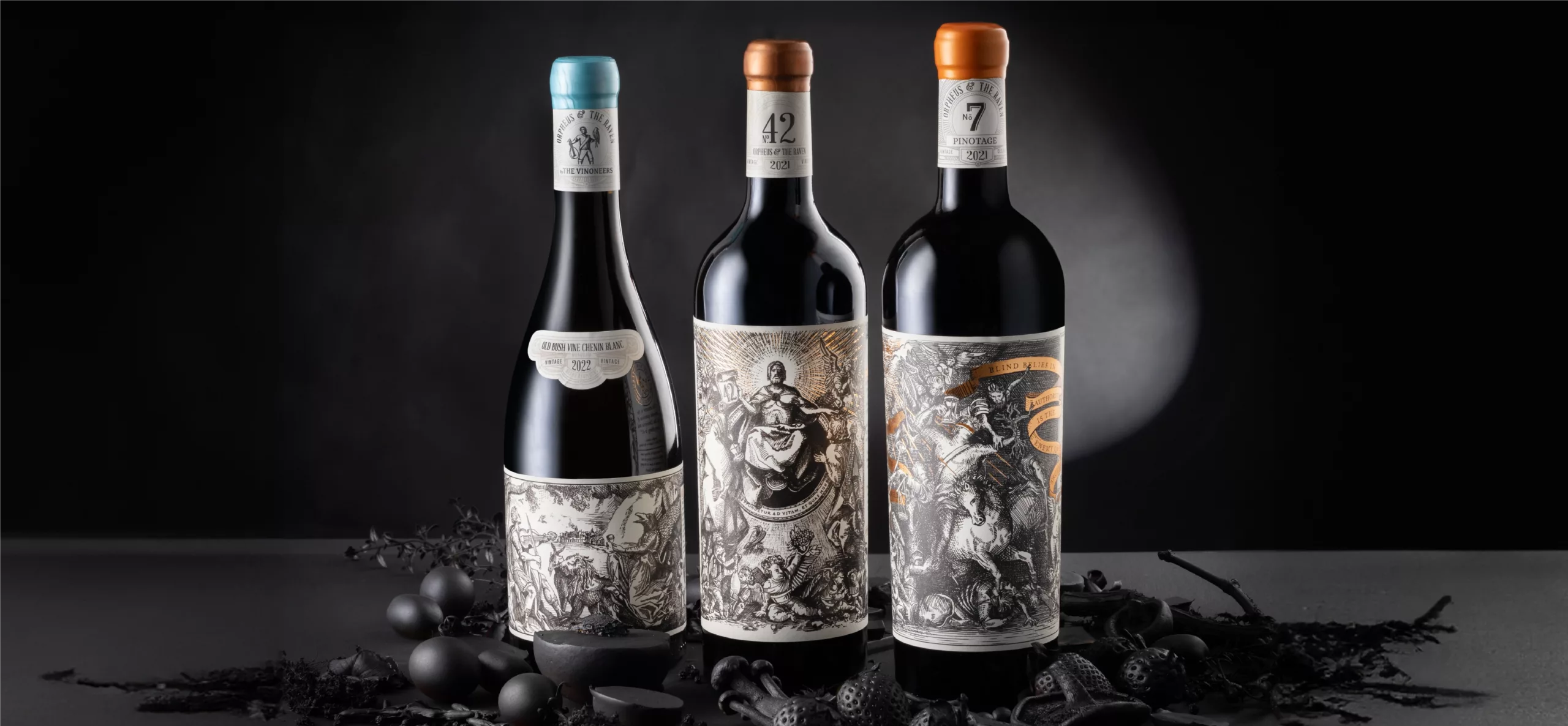 Three bottles of wine: Old Bush Vine Chenin Blanc, No. 42 Cape Blend, and No. 7 Pinotage